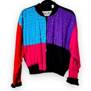 Vintage 80s Quizz Colorblock Sequined Zip Up Jacket Colorful Dopamine Size Small